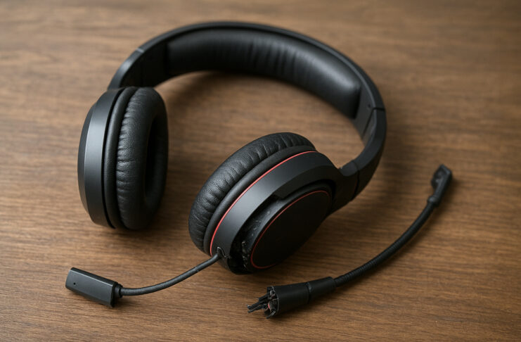 Broken gaming headset lying on a table.