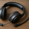 Broken gaming headset lying on a table.