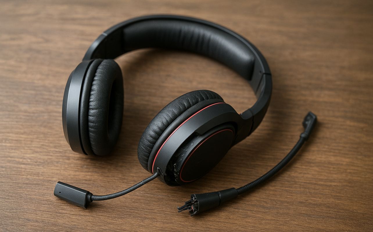 Broken gaming headset lying on a table.