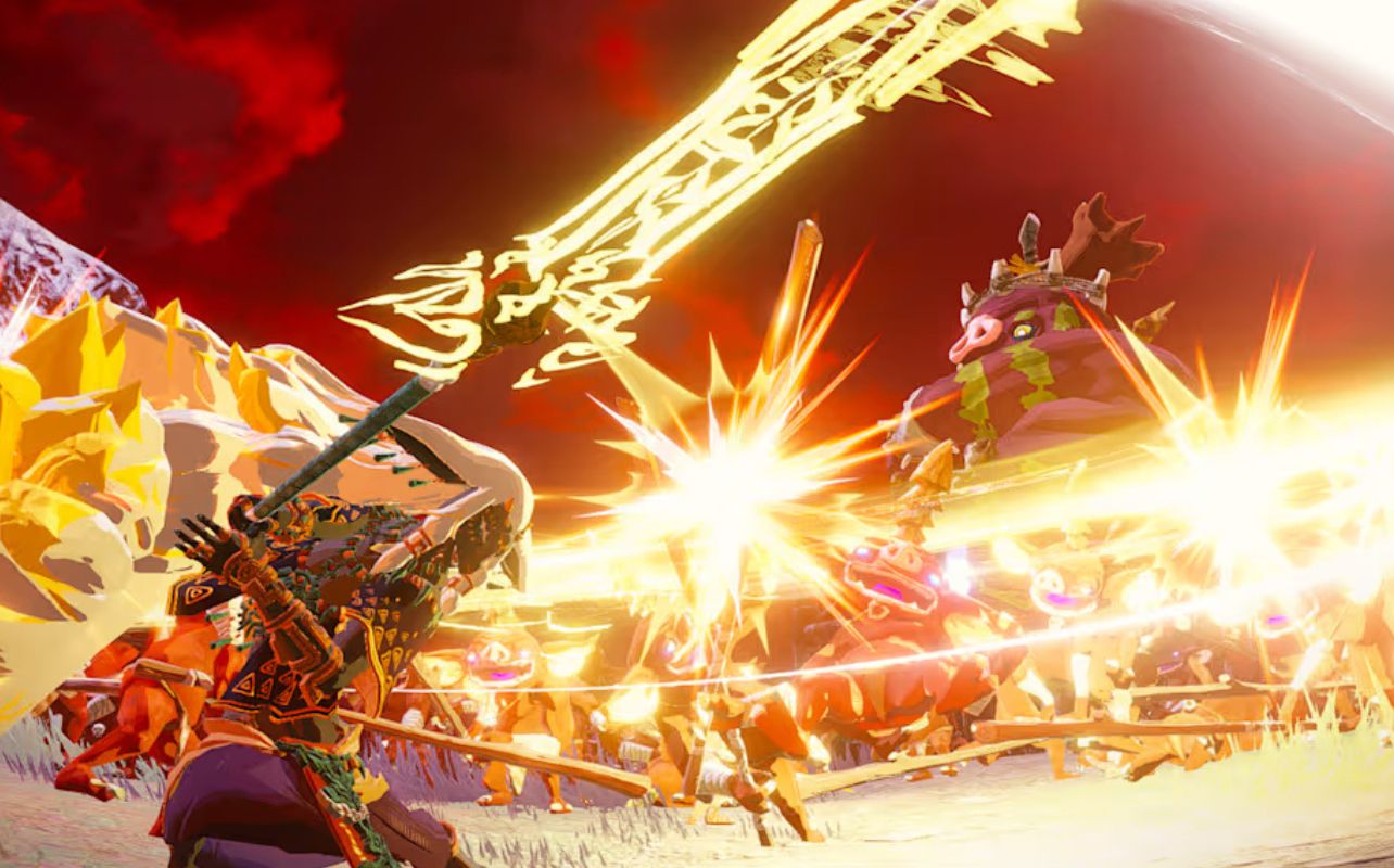 Warrior with glowing sword battles monsters in a snowy landscape under a red sky. Bright flashes of light highlight the action.