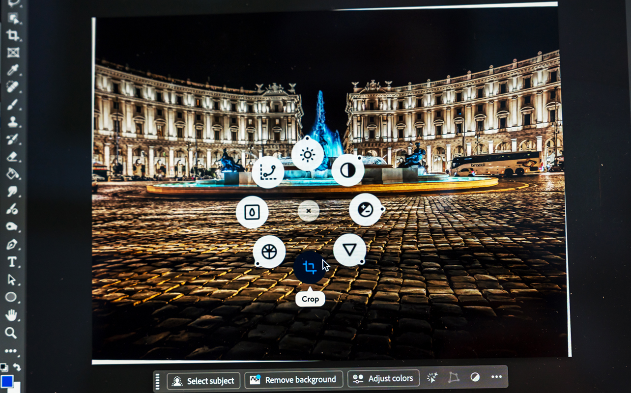 Logi Options Action Ring overlaid on Photoshop.