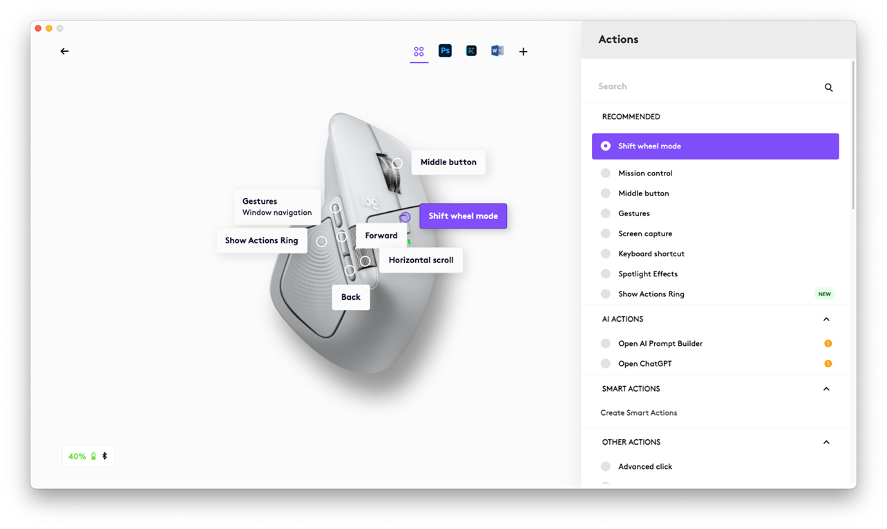 Logitech MX Master 4 setup in Logi Options+.