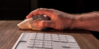 Logitech MX Master 4 and Signature Slim Solar+ K980 profile view from the side.