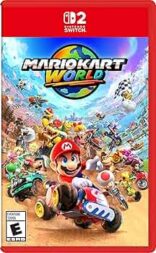 Video game cover art showing Mario in a kart, racing with characters. Text: "Mario Kart World." Vibrant colors, action-packed scene.