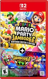 Colorful cover features Mario, Luigi, and Princess Peach celebrating. Text: "Super Mario Party Jamboree Nintendo Switch 2 Edition."