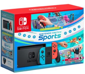 Nintendo Switch Sports box showing colorful controllers, game scenes with animated characters, and text about full game download and leg strap.