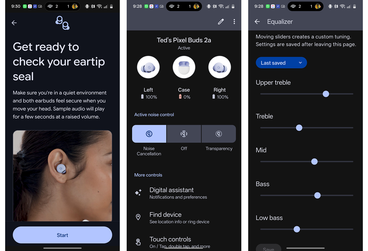 Screenshots for controls for Google Pixel Buds 2a.