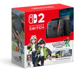 Nintendo Switch 2 box featuring Pokémon Legends Z. Includes console image, game characters, and landscape. Red packaging with playful theme.