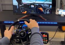 How to build a racing simulator: Setup, gear and costs Racing Sim Banner with hands on wheel.