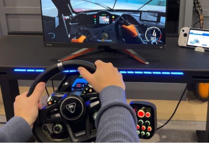 Racing Sim Banner with hands on wheel.