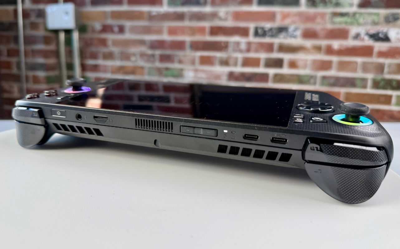 ROG Xbox Ally X hardware facing flat with ports toward the viewer.