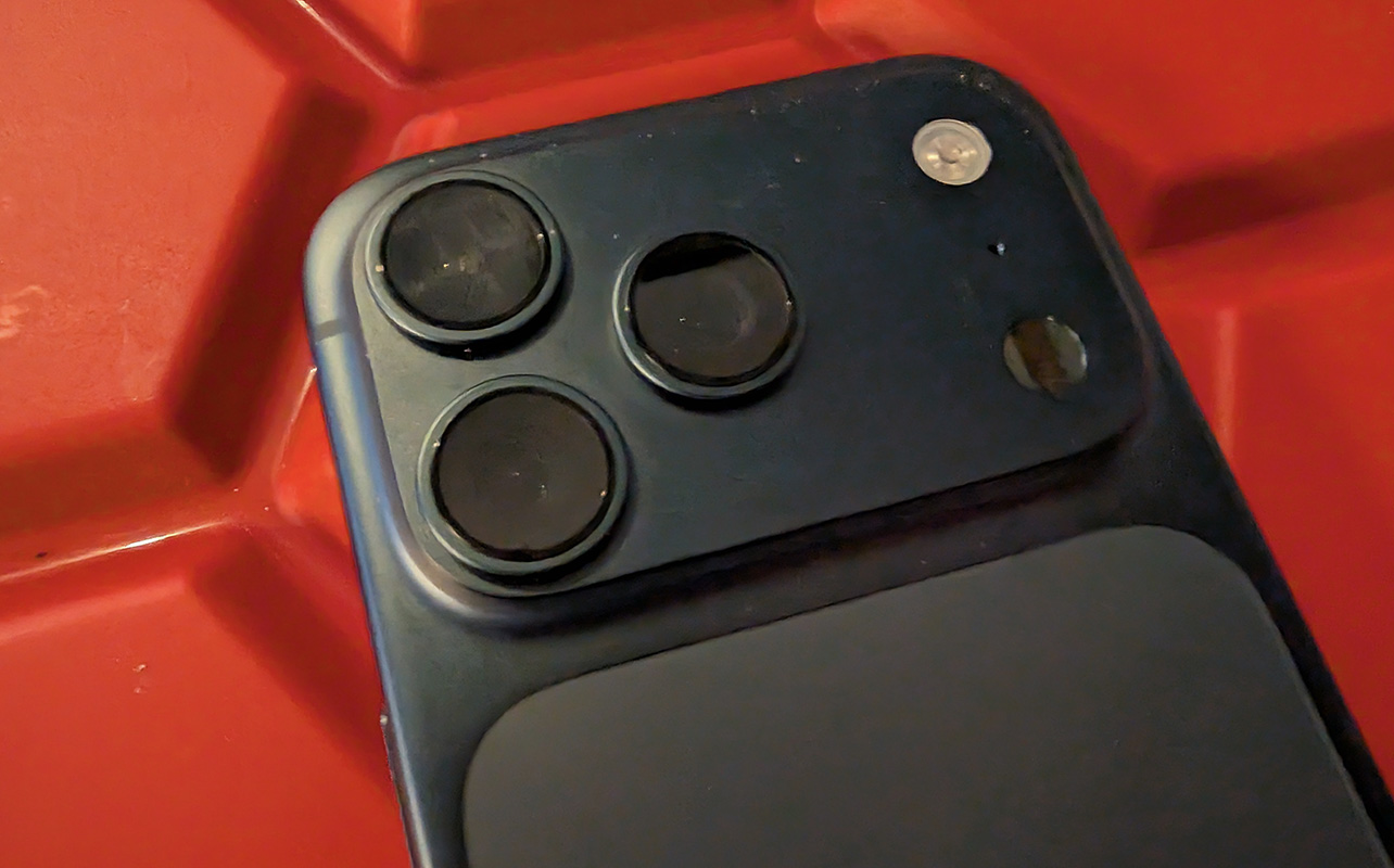 A close-up of the camera lenses on the Apple iPhone 17 Pro.