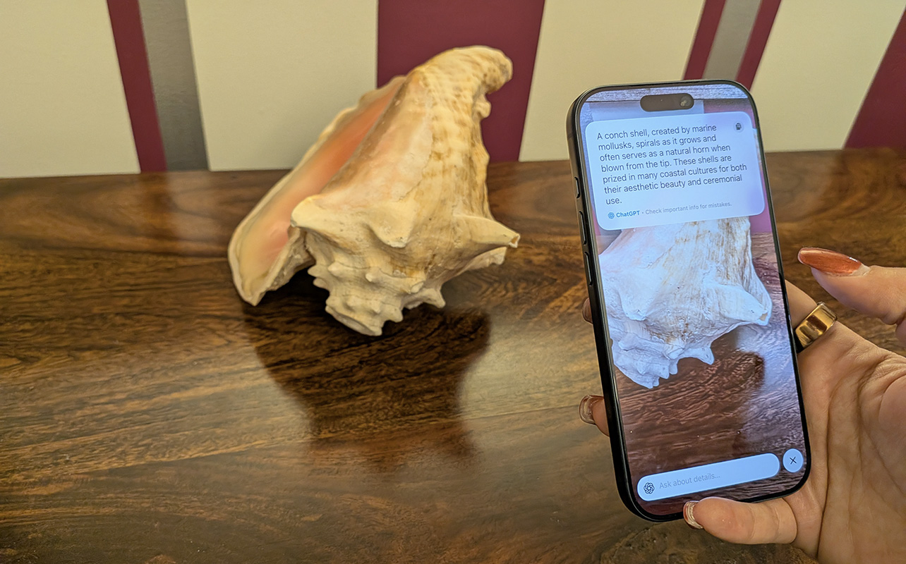 An iPhone held in front of a shell with Visual Intelligence information on screen.