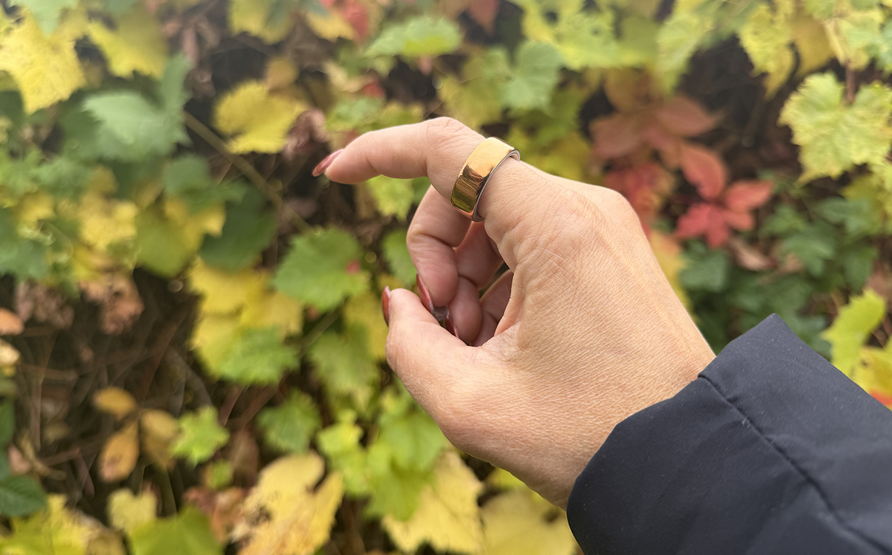 Oura Ring 4 on a hand in front of changing Fall leaves.