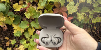 Powerfits Fit earbuds in case open in front of Fall leaves.
