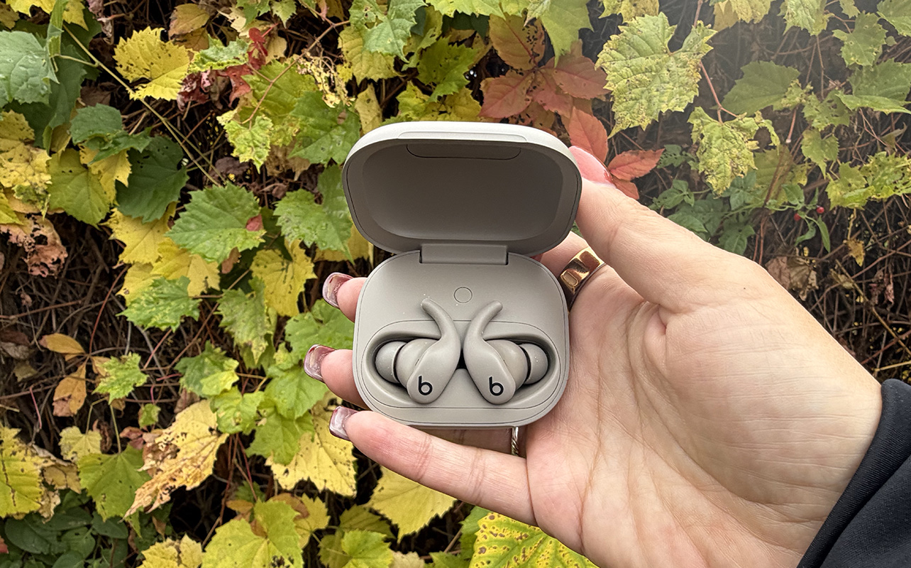 Powerfits Fit earbuds in case open in front of Fall leaves.