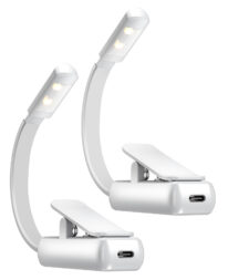 Two clip-on book lights in white.