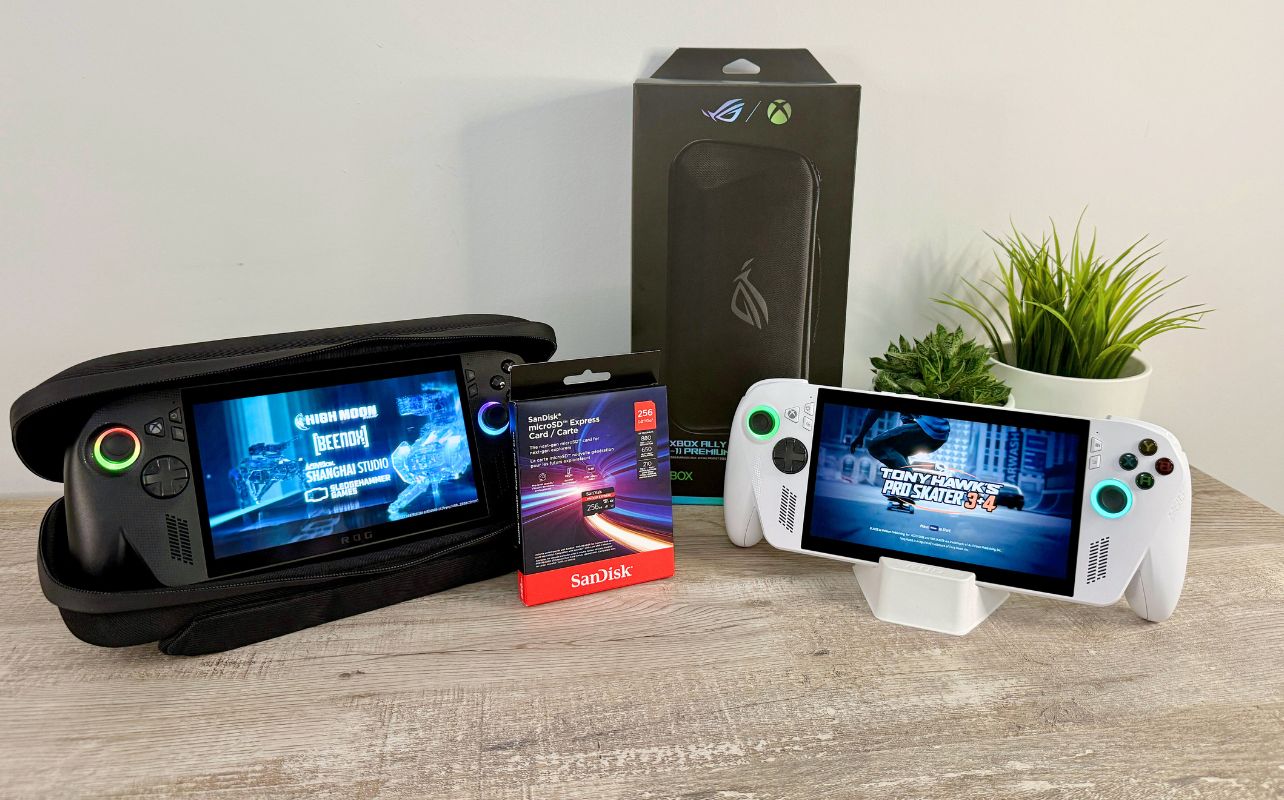 A set of portable gaming PC with different accessories.