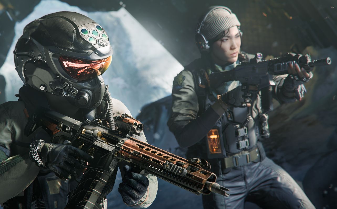 Two Call of Duty: Black Ops 7 characters aiming at something off screen.