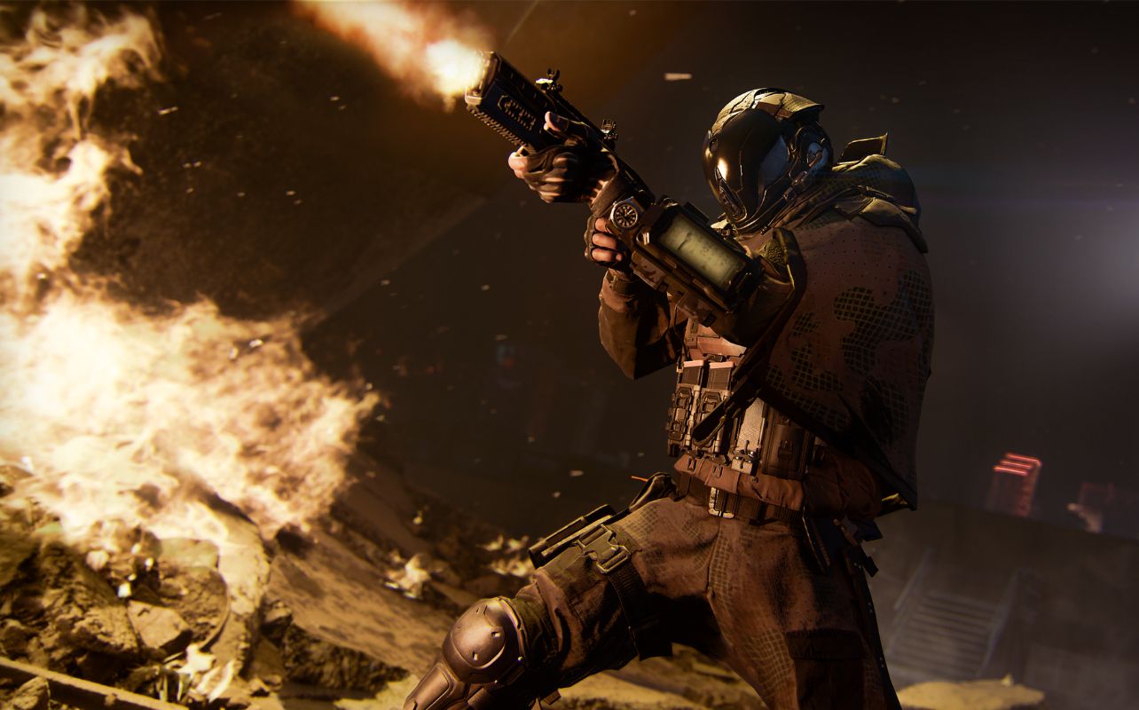 A Call of Duty: Black Ops 7 soldier is shooting a gun with flames in the background.