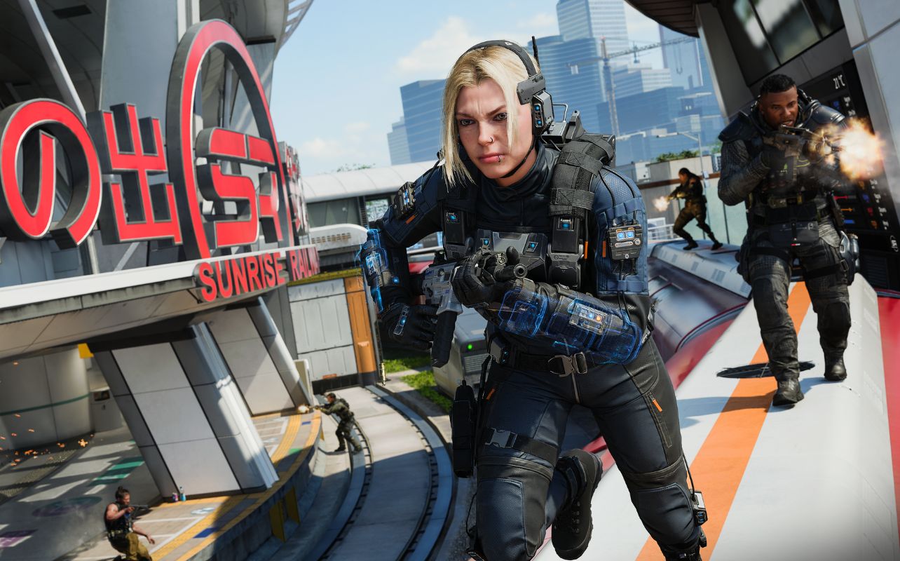 A Call of Duty: Black Ops 7 character running through a multiplayer map.