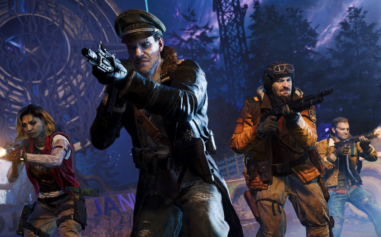 A group of Call of Duty: Black Ops 7 zombies characters running through a map.