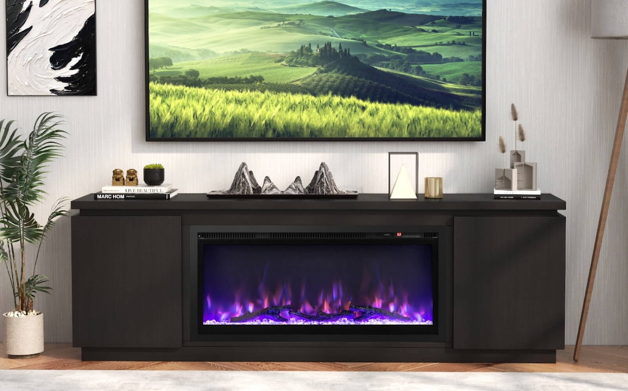 Costway Fireplace TV Stand for TVs up to 80 with Electric Fireplace 3 Adjustable Shelves Black:White