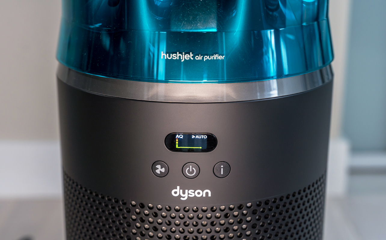 Dyson HushJet Air Purifier close-up of screen and buttons.