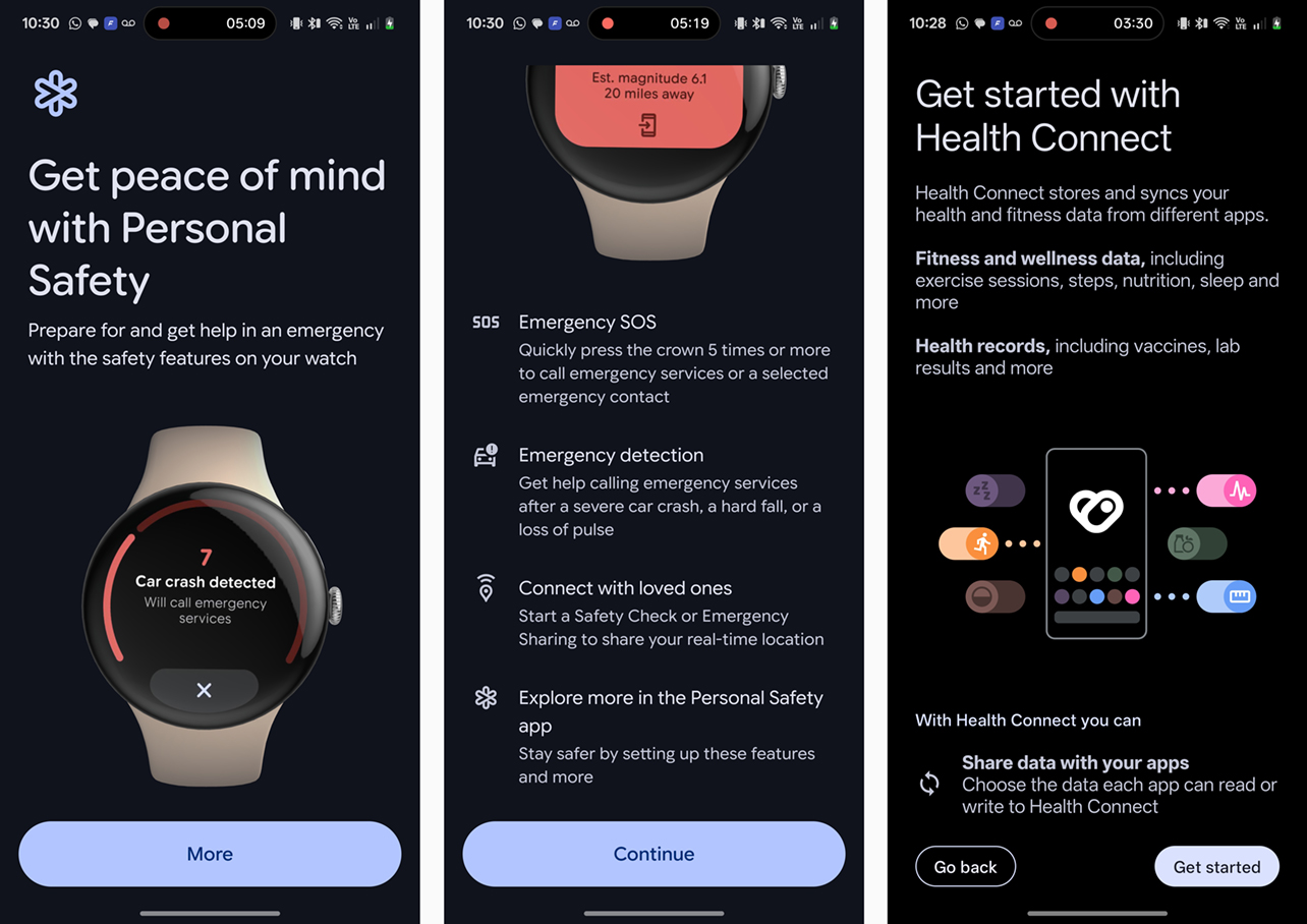 Google Pixel Watch 4 screenshots showing setup.