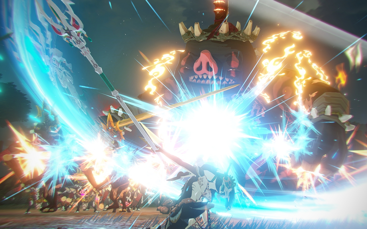 Princess Zelda unleashing a powerful light attack against a giant fiery monster in Hyrule Warriors: Age of Imprisonment on Nintendo Switch 2.