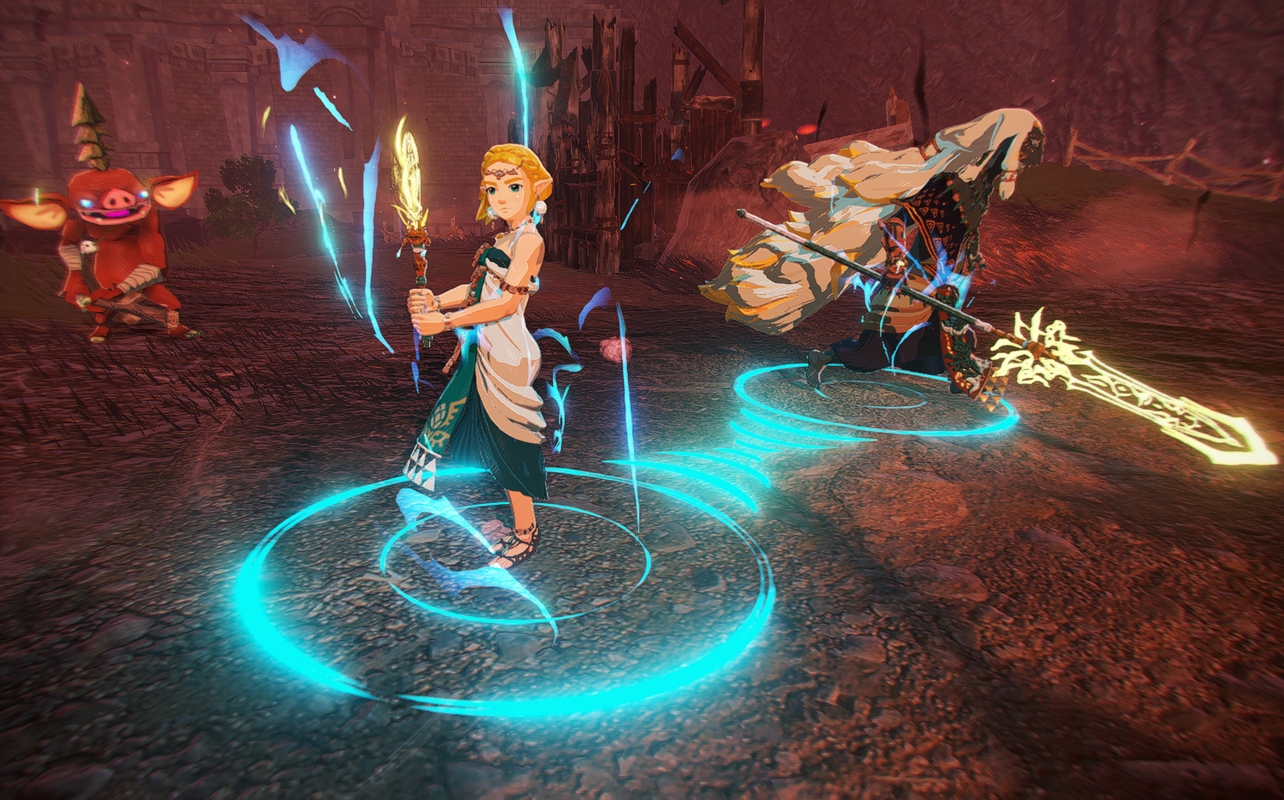 Princess Zelda and Rauru performing a glowing Sync Strike during battle in Hyrule Warriors: Age of Imprisonment on Nintendo Switch 2.