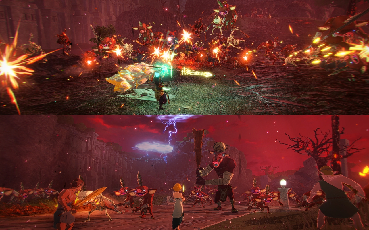 Split-screen co-op battles showing two players fighting hordes of enemies in Hyrule Warriors: Age of Imprisonment on Nintendo Switch 2.