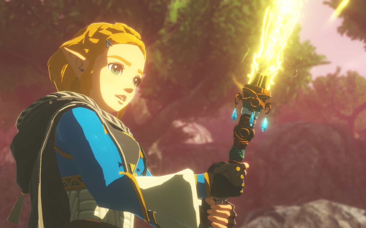 Princess Zelda holding a glowing light-infused sword during a cutscene in Hyrule Warriors: Age of Imprisonment on Nintendo Switch 2.