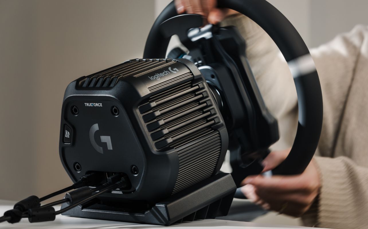 The Logitech G RS50 Racing Wheel from a rear angle, showing the back of the unit.