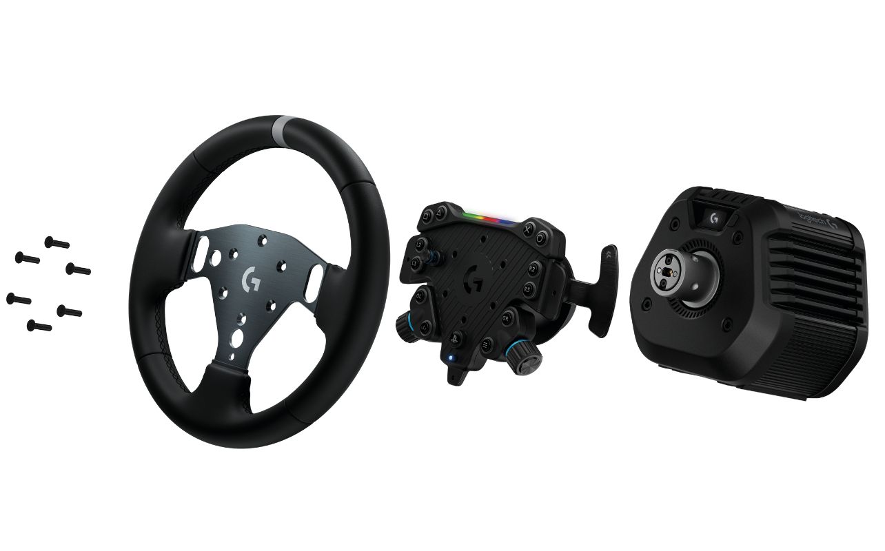 An exploded view of the Logitech G RS50 Racing Wheel.