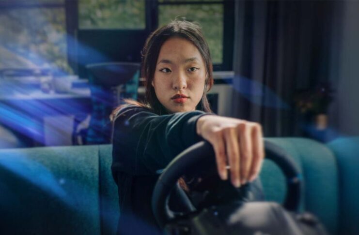 Racing Banner with person playing racing game.