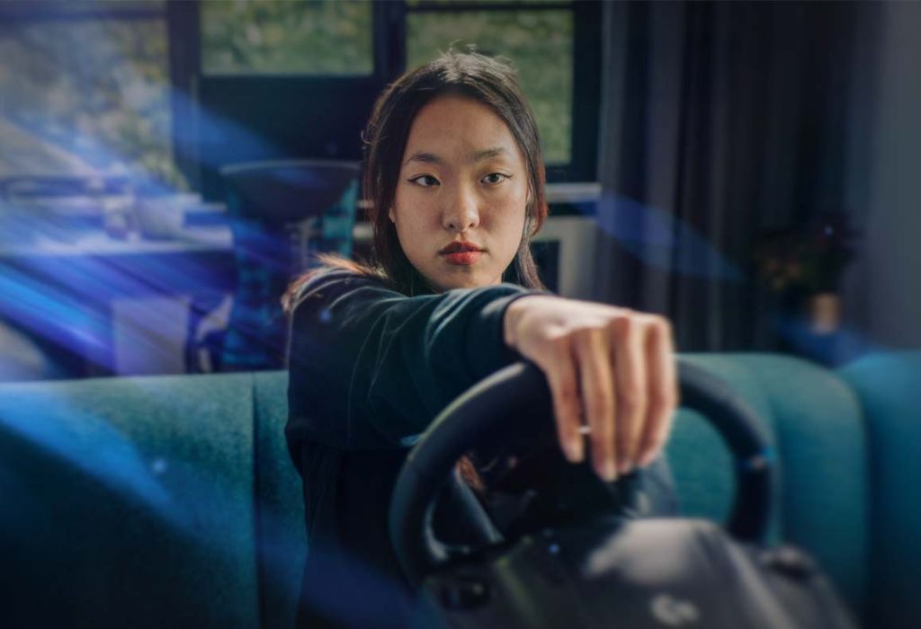 Racing Banner with person playing racing game.