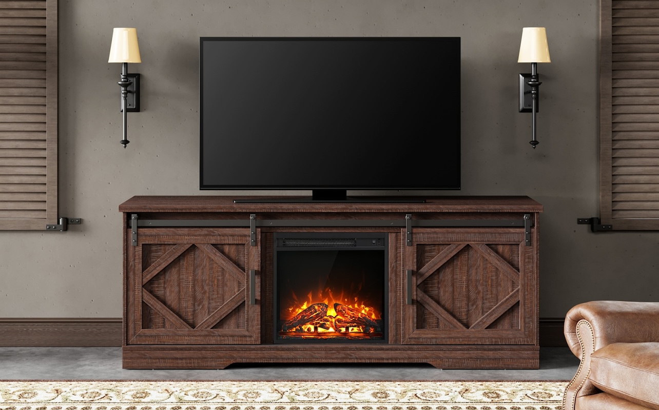 WAMPAT Fireplace TV Stand Farmhouse Sliding Barn Door Entertainment Center for TVs Up to 75 inches, Rustic Brown