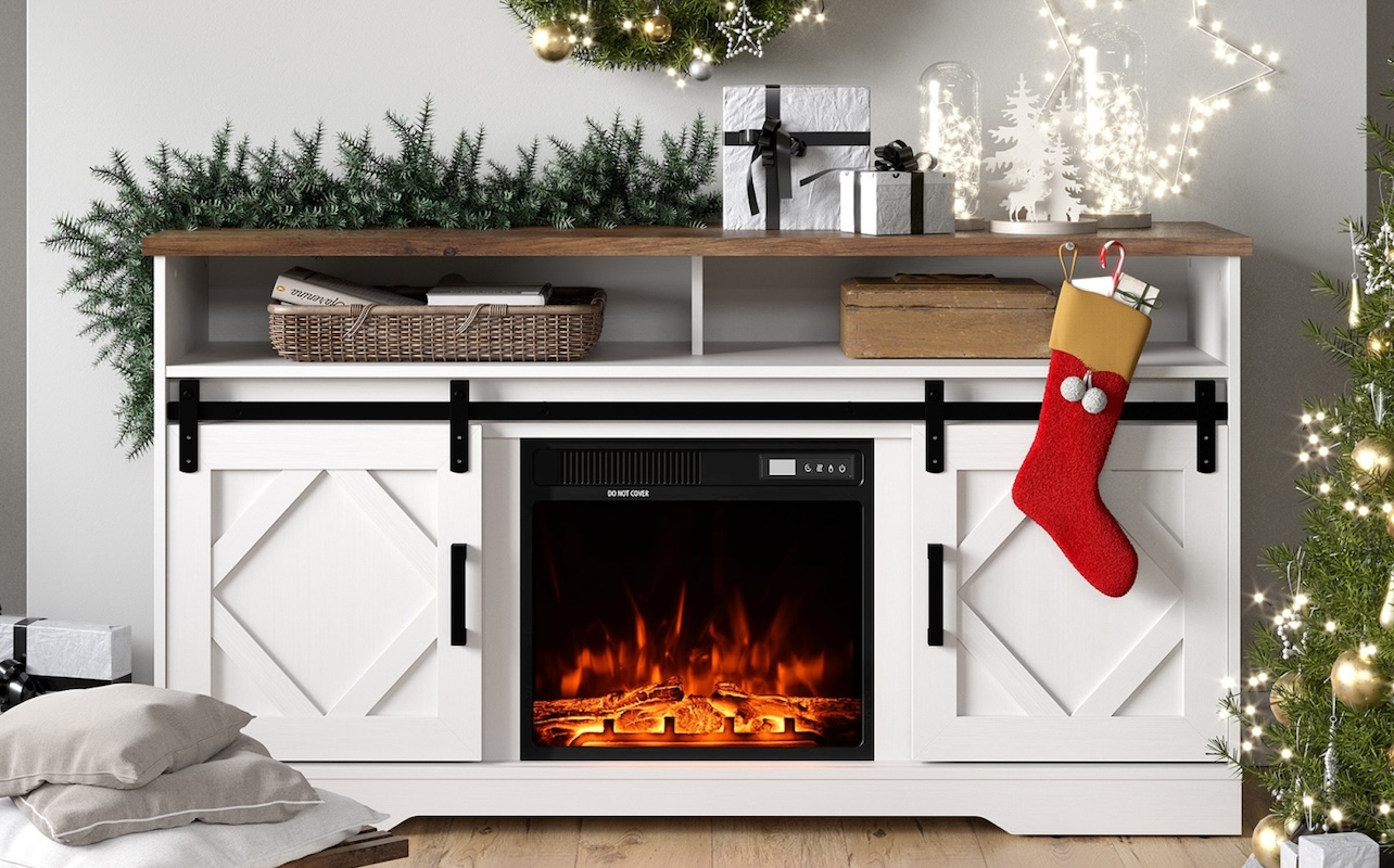 WAMPAT Fireplace TV Stand for TVs Up to 65 Inches, Wood Electric Fireplace Entertainment Center with Storage 2 Heating Mode and 5 Brightness for Living Room,White