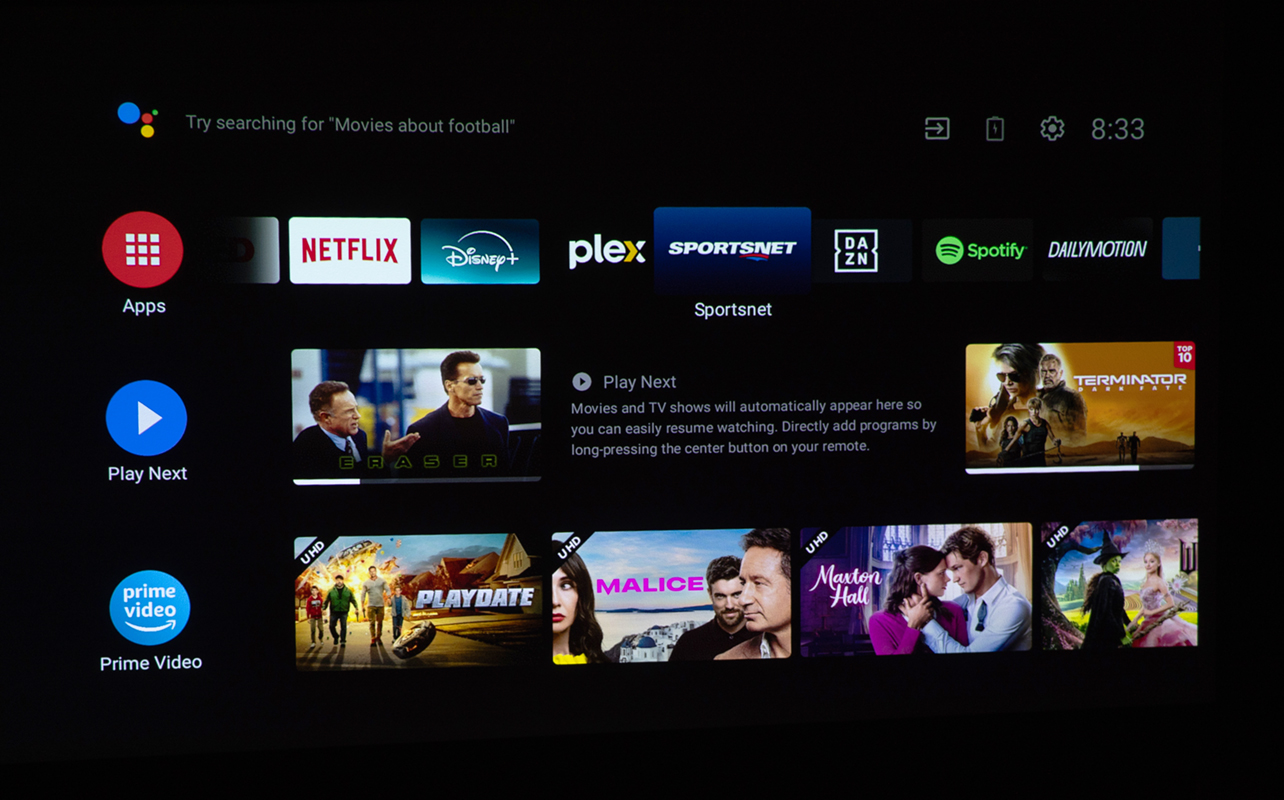 Android TV home screen on XGIMI Halo+ portable projector.