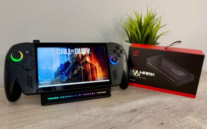 ASUS ROG Xbox Ally X on the Bulwark stand.