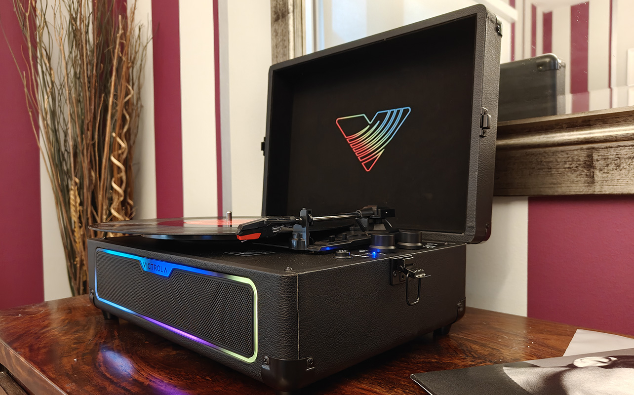 An angled shot of the Victrola Journey Glow record player