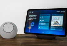 Amazon Echo Dot Max next to Echo Show 11 on table.