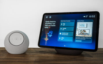Amazon Echo Dot Max next to Echo Show 11 on table.
