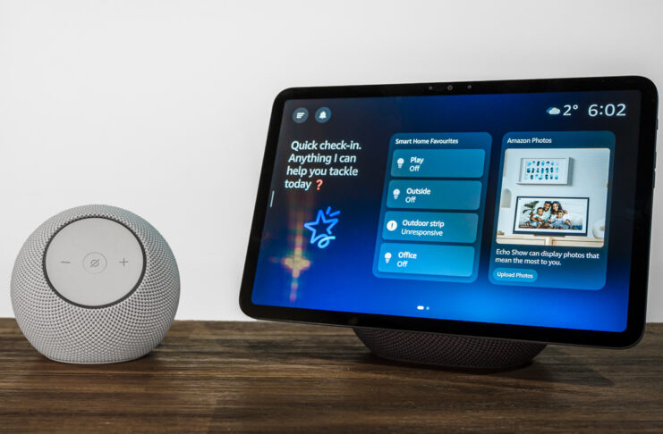 What it’s like talking to Alexa+ with the new Echo devices Amazon Echo Dot Max next to Echo Show 11 on table.