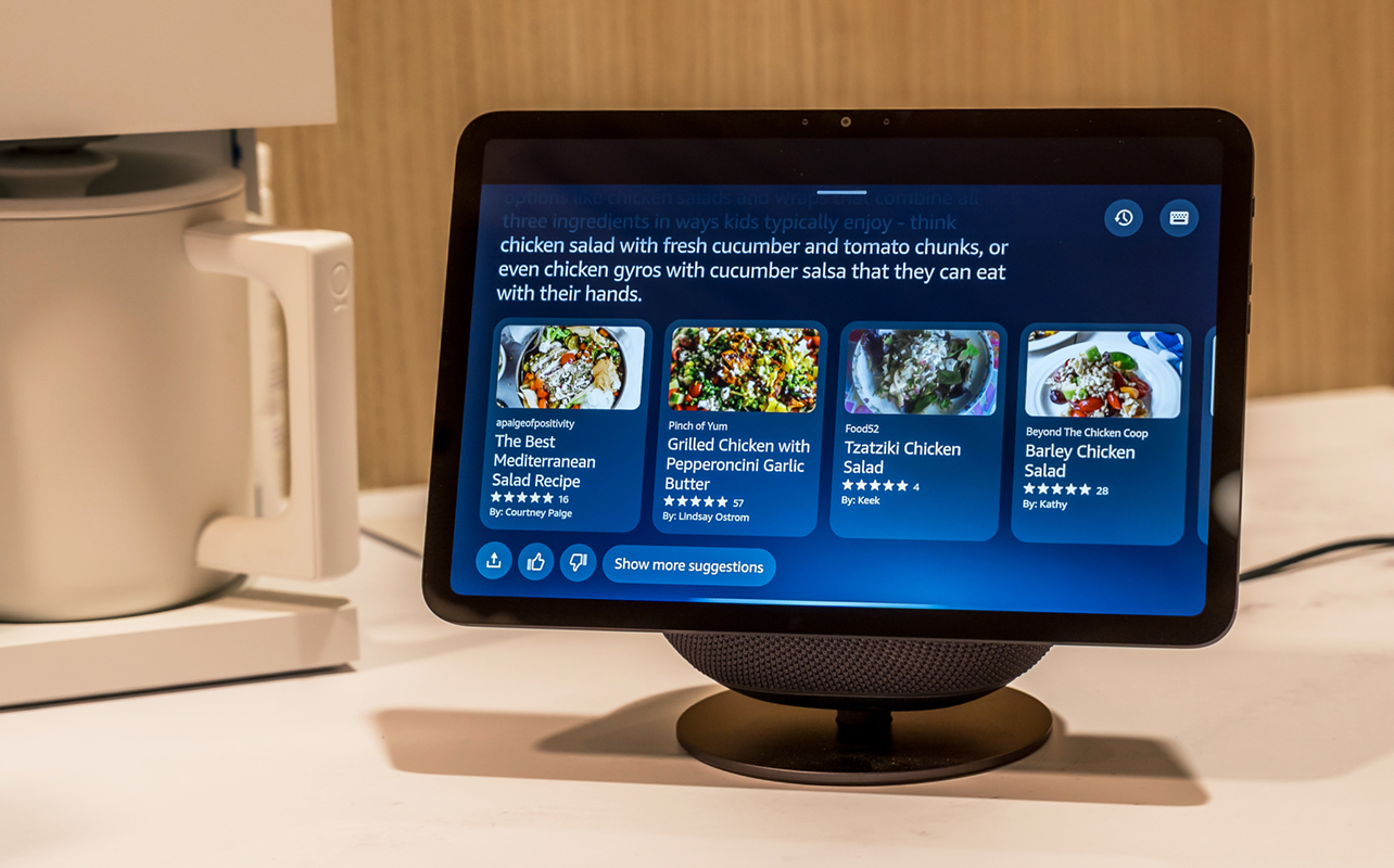 Amazon Echo Show 11 in kitchen showing recipe options.
