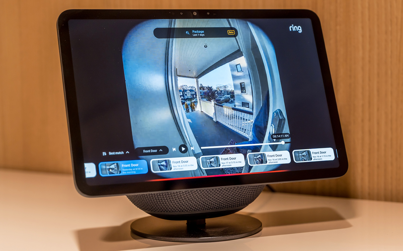 Amazon Echo Show 11 in a home showing Ring doorbell camera live view.