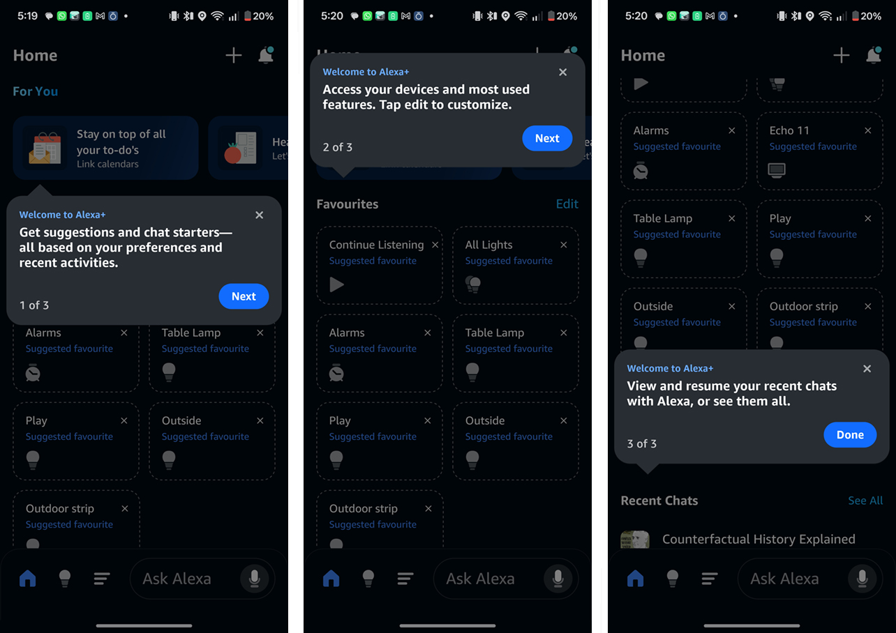 Alexa Android app screenshots showing initial setup for Alexa+.
