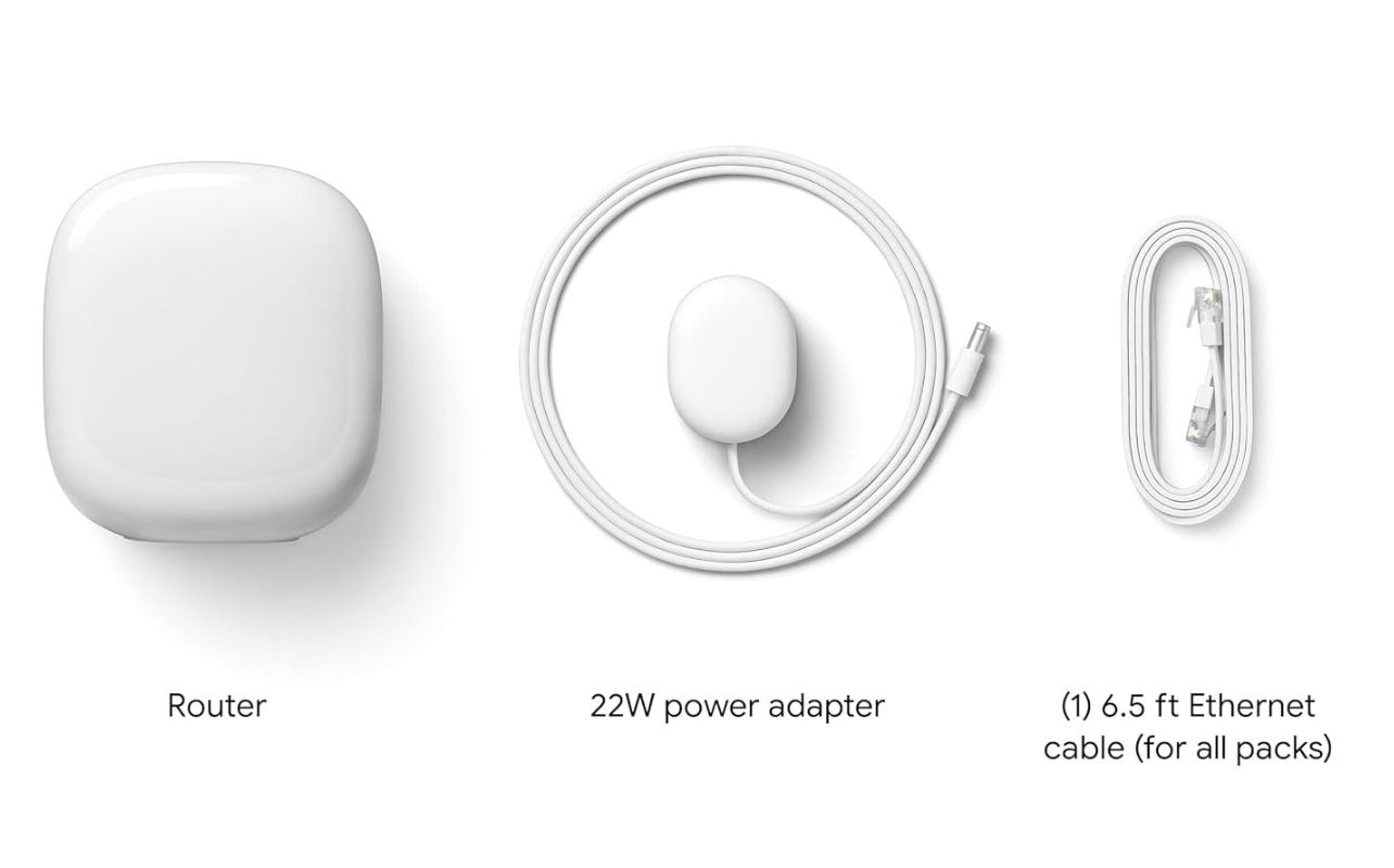 The components of a white internet wi-fi spread out on a white background. 