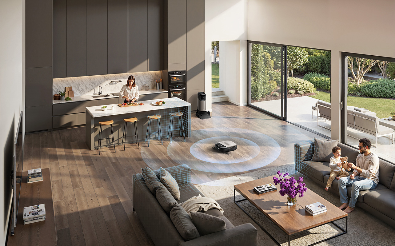 Aspirateur robot Omni S2 d'eufy dans un salon. 